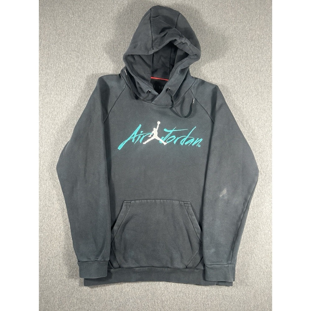 Air Jordan Flight Fleece Embroidered Teal Logo Pullover Hoodie Black Large READ